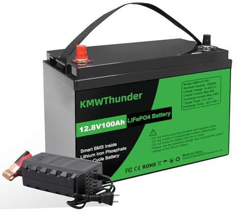 KMWThunder 12V 100Ah LiFePO4 Batterie, Lithium Akku 1280Wh & Ladegerät, Deep Cycle, mit BMS Schutz Max 15000 Zyklens, Ideal für Motorhome, Solar and Boot, LiFePO4 Lithium Batterie