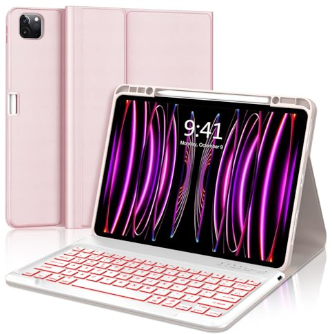 FOGARI Keyboard Case for iPad Pro 12.9 6th/5th/4th/3rd Generation | Wireless Bluetooth Detachable UK Layout 7 Colors Backlit Keyboard Folio Cover for iPad Pro 12.9 2022/2021/2020/2018, Rose