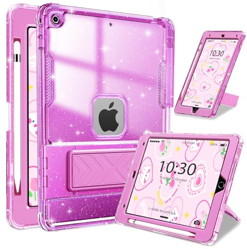 INFILAND Case for iPad 9th/8th/7th Generation 2021/2020/2019 10.2 inch Glitter Clear, Shockproof Protective Cute iPad 7/8/9 Gen Cover with Stand, Pencil Holder for Kids, Girls, Women (Purple)