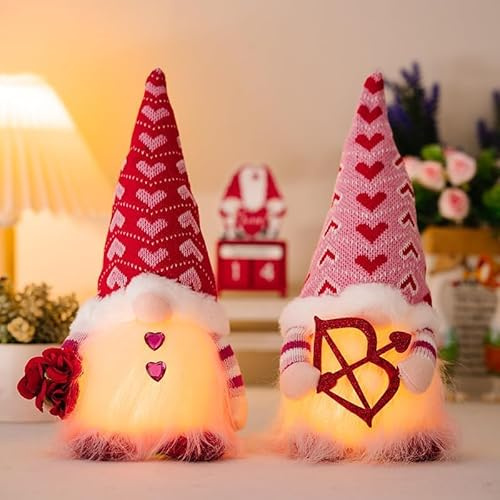 Valentinstag Deko Beleuchtet Wichtel Figuren, 2er Valentinstagswichtel Figuren mit LED Licht, Leuchtende Valentinstagsdeko Wichtel mit Rosen, Plüsch Wichtelfiguren für Tischdeko Valentinstag (Rosa)