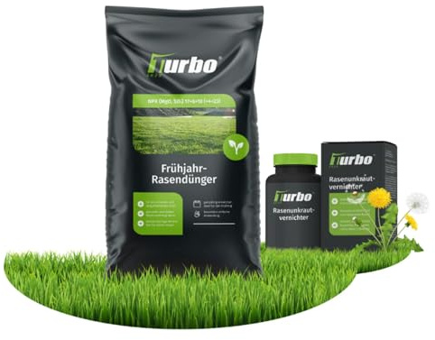 Turbogrün Rasendünger mit Unkrautvernichter, 1000m²-Bundle, gesunder Rasen verdrängt Moos, Ideal für Frühjahr und Sommer, geeignet für Streuwagen, staubarmes Granulat, Rasen dünger