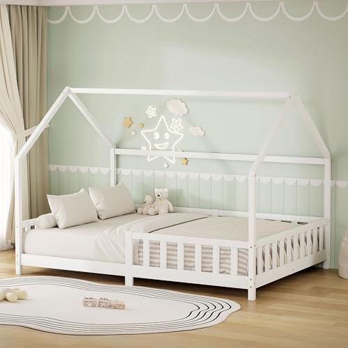 ML-Design Kinderbett Hausbett 140x200 cm mit Rausfallschutz, Dach & Lattenrost, Weiß, Bettgestell aus massivem Kiefernholz, Montessori Bodenbett, Holzbett für Mädchen & Jungen, Jugendbett Doppelbett