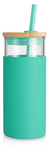 Tronco 20 oz Glass Tumbler with Lid and Straw, Iced Coffee Cup and Smoothie Cup with Bamboo Lids & Protective Silicone Sleeve, Dishwasher Safe, BPA-Free, Glass Cup 1 Pack