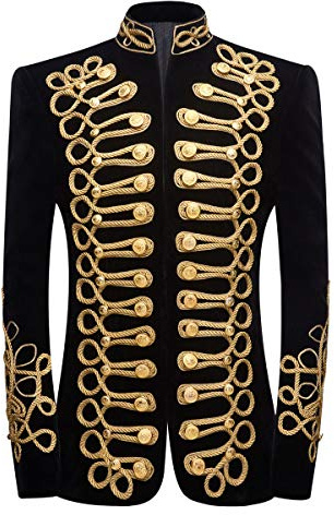 PYJTRL Mens Stylish Court Prince Black Velvet Gold Embroidery Blazer Suit Jacket