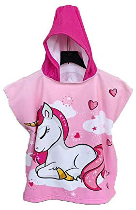 Chickw1 Badeponcho mit Kapuze Kind Poncho Handtuch, Kinderhandtuch Strand Schwimmen Bad Kapuzenhandtuch Bademantel Zum Wechseln für Jungen Mädchen (60x120cm,Rosa Einhorn)
