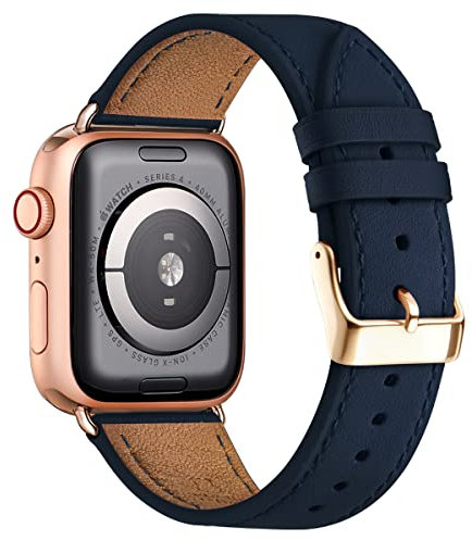 QAZNZ Leather Straps for Apple Watch 40mm 41mm 38mm 42mm(Series 10),Men Women Replacement Genuine Leather Strap Series 10 9 8 7 6 5 4 3 2 1 & iWatch SE,Ultra Ultra 2(38mm, Darkblue/Rose gold)