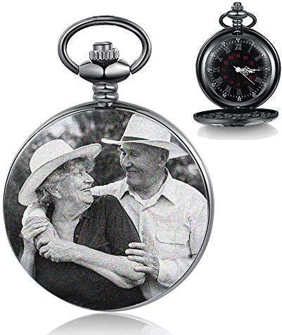Montre Poche Personnalisée avec Photo et Texte Gravure Montre Vintage Montre Poche Lisse Montre Classique pour Homme Femme Cadeau pour Anniversaire Anniversaire Fête des Pères (Noir)