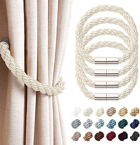 Pretty Jolly 4 Pack Strong Magnetic Curtain Tiebacks Modern Simple Style Drape Tie Backs Convenient Decorative Weave Rope Curtain Holdback for Thin or Thick Home & Office Window Drapery (Beige)