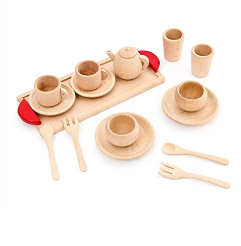 XQKJ 16 Pcs Natural Wooden Kitchen Tea Set Party Role Play Simulation Educational Pretend Coffee Cup Saucer Salver Toy Gift for Preschool Age Toddlers Kids Children Boys Girls