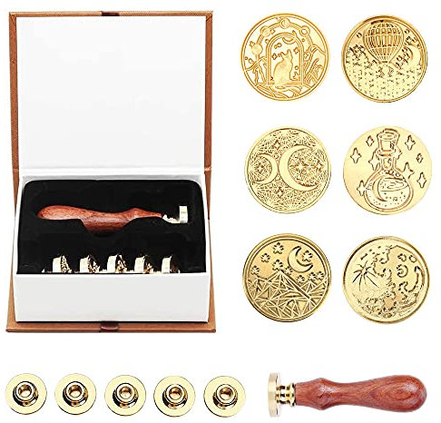 Sternenhimmelwachs-Siegelstempel-Set, 6 Stück Sternenmond-Siegelwachs-Stempel-Set und 1 Holzschlitz, personalisiertes Wachssiegelstempel für Briefkarten, Einladungen