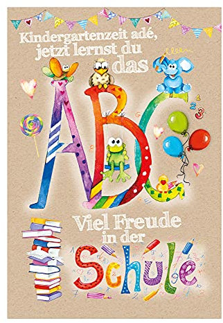 KE - Farbenfrohe Einschulungskarte für Kinder, Schulstart Glückwunschkarte, DIN B6 Format, inkl. Umschlag - Motiv: ABC mit Tieren