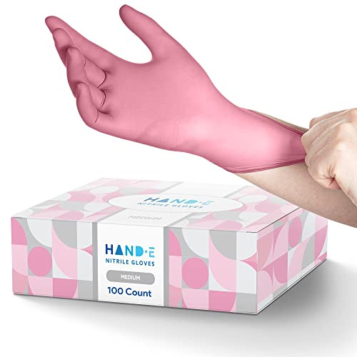 Hand-E Touch Disposable Pink Nitrile Gloves Medium, 100 Pack -Powder and Latex Free Gloves