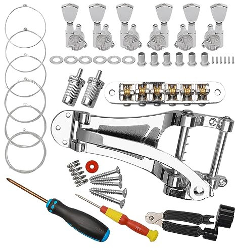 Unxuey Gitarren-Ersatzteile mit silbernem Vibrato Tremolo Steg-Saitenhalter, Rollsattel, Tune-O-Matic-Brücke für Jazz LP Gitarre, Gitarren-Verriegelungsstimmer, Saitenkurbel, Schraubenzieher und