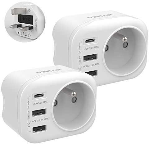 VINTAR 2PC Adaptateur Prise Anglaise UK Angleterre Française Adaptateur de Voyage avec 2 USB-A et 1 USB-C 3A, Adaptateur Prise France vers UK Irlande Malaisie Singapour, Type G
