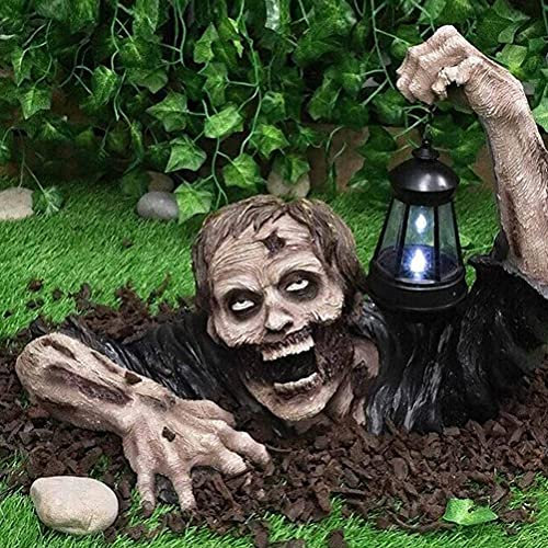 CZSMART Statue de zombie d'Halloween avec lanterne LED, décorations d'extérieur d'Halloween imperméables et respectueuses de l'environnement en résine pour extérieur, pelouse, cour, décoration