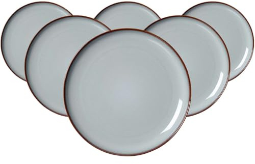 Ritzenhoff & Breker Portofino Speiseteller 6er Set, 28 cm, Runde Teller mit braunem Rand, Skandinavisches Design mit Reaktivglasur, Steinzeug, Blaugrau