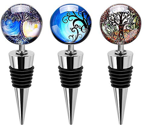 Soleebee Wine Stoppers, 3 Pack Decorative Stainless Steel with Art Glass, Reusable Beverage Bottle Stoppers for Bar, Gifts, Holiday Party, Kitchen Decor (Tree of Life)