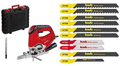 Einhell Scie sauteuse pendulaire TE-JS 100 (750 W, Variateur électronique, Semelle inclinable, Fonction soufflerie, guide de coupe) + Boîte de 10 lames