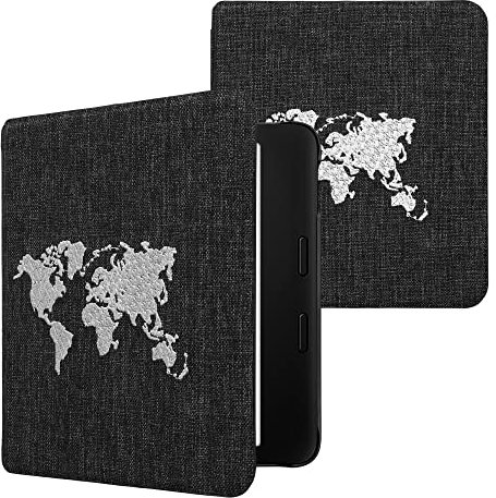 kwmobile Hülle kompatibel mit Tolino Vision 6 Cover - eReader Schutzhülle aus Stoff - Case Travel Umriss Weiß Dunkelgrau