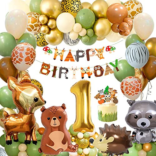 FUBABCO Decoración Cumpleaños 1 Año Niño Niña, Globos Animales de Selva, Jungla Fiesta Infantil Primera