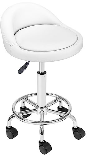BAKAJI Sgabello con ruote, Seduta imbottita e Schienale Basso in Ecopelle, Base con Poggiapiedi in Acciaio Girevole a 360°, Altezza regolabile, ideale per estetista, Bar, Cucina, Ristoranti,(Bianco)