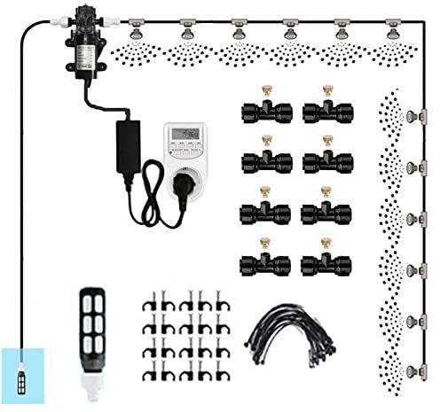 Nebulizzatore Giardino da Esterno con Pompa silenziosa 24v & timer, Kit di nebulizzazione con filtro, Sisteme di Raffreddamento for Patio, Sisteme Irrigazione Giardi(Size:30m/98.4fttube + 45 nozzles)