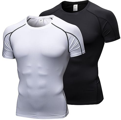 LNFINTDO 2 Pack Compression Tops for Men Short Sleeve Base Layer Tops Quick Dry T-Shirt for Gym Sports Fitness Workout Cycling Training