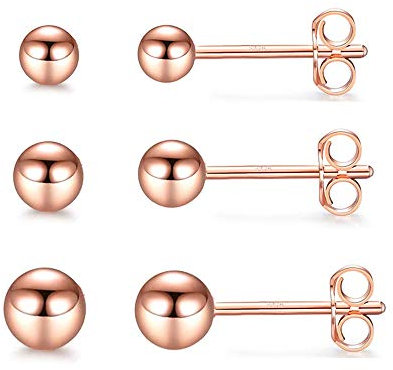 Kamise Silver Stud Earrings for Women, 3 Pairs 925 Sterling Silver Rose Gold Ball Stud Earrings Set, Small Sleeper Round Cartilage Studs Earrings, Come with Silver Earring Backs, Size : 3, 4, 5mm