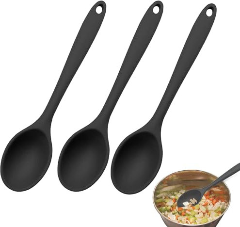 3 Piezas Cucharas de Silicona Para Cocina y Hornear - Resistentes Al Calor, Para Mezclar (Negro)