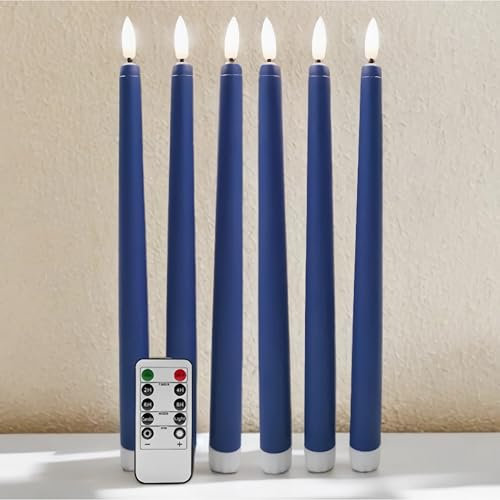 Ni-JASW Navy Blue Flameless Taper Candles with Remote, Flickering Battery Operated LED Candlesticks Set of 6