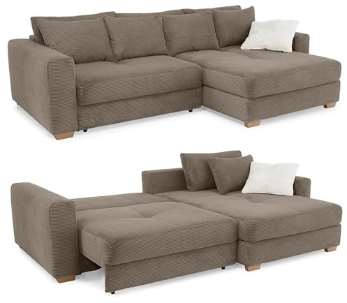 luma-Home 15155/ Ecksofa-Dauerschläfer mit Federkernpolsterung, Braun Taupe | B288/T186/H86 cm, Bettkasten, Schlaffunktion mit 3 qm Liegefläche, seitenverkehrt montierbar, Cord-Bezug