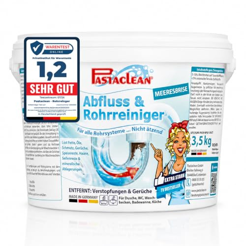 Pastaclean Abflussreiniger & Rohrreiniger Pulver, 3,5 kg, Meeresbrise | Nicht ätzendes Rohrreiniger-Pulver gegen Haare, Fett, Ablagerungen und Gerüche – 3,5 kg für bis zu 134 Anwendungen