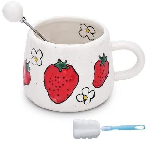 SHENDONG Ceramic Coffee Mug with Spoon and Cup Brush,Handmade Cute Creative Fruits Cup Design for Office and Home,12.3 oz/350 ml Novelty Cup for Coffee Milk Tea,Mothers Day Gift (Strawberry)