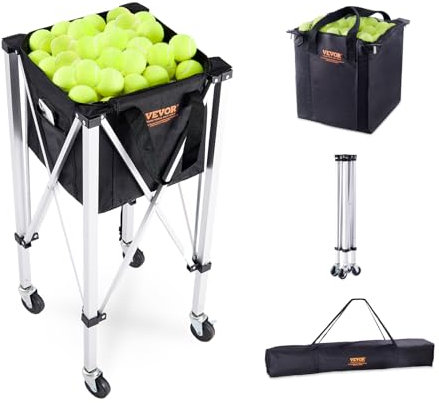 VEVOR Foldable Tennis Ball Hopper, Holds 180 Tennis Balls, Lightweight Aluminum Alloy Tennis Ball Basket Cart with Wheels, Removable Bag,Carry Bag, Portable Sports Teaching Cart for Tennis Player
