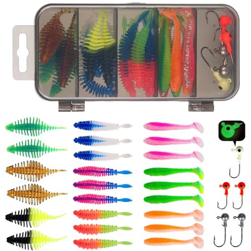 Forellen Köder Gummifische Angelköder: 30 Stück Gummiköder Angeln Set für Forelle Barsch Hecht Zander - Forellenköder Gummifisch Kunstköder Angelzubehör mit Jigköpfe