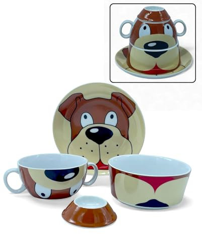 4-tlg. Bambino Collection Kindergeschirr Porzellan Frühstück Set | Hund Figur Motiv | Teller + Tasse + Schüssel + Eierhalter, Made in EU