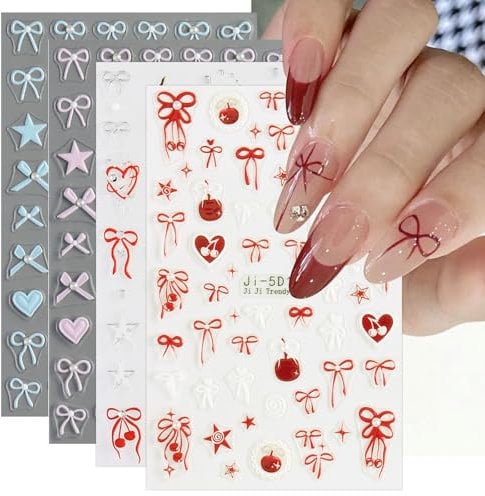 JMEOWIO 3D Embossed Heart Bow Tie Nail Art Stickers Decals Self-Adhesive 5D Nail Supplies Nail Art Design Decoration Accessories 4 Sheets