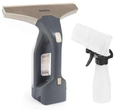 Beldray Aspiradora de ventana inalámbrica + - recargable, limpieza de espejos y vidrios, tanque de agua extraíble de 100 ml, incluye botella rociadora y almohadilla de limpieza, titanio, BEL01985VDE