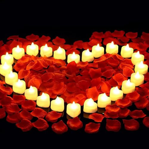 LUFEIS Artificial Rose Petals, 2000 Pieces Red Rose Petals with 24 PCS Heart Shape LED Candles, Candles and Petals Set Romantic Decorations for Romantic Night, Valentine's Day, Wedding and Engagement