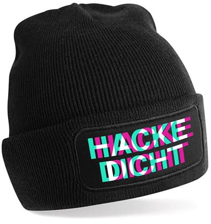 Herzbotschaft Beanie Strickmütze mit Spruch | HACKE DICHT Rauscheffekt | schwarz | Unisex SoftTouch angenehm weiche und warme Wintermütze | OneSize Einheitsgröße für Erwachsene