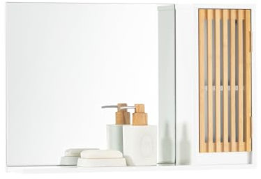 SoBuy Miroir de Salle de Bain avec Étagère Plateau, Commode, Armoire Murale, Miroir Mural, Meuble Salle de Bain Suspendue, Placard Mural, en Bambou, 60 x 12 x 40 cm, Blanc, BZR128-W