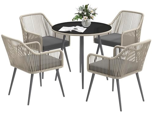 Outsunny Salon de Jardin extérieur en résine tressée 4 Places, Table et chaises de Jardin extérieur avec Coussins et Table Ronde en Verre, pour terrasse, Patio, Balcon, Marron
