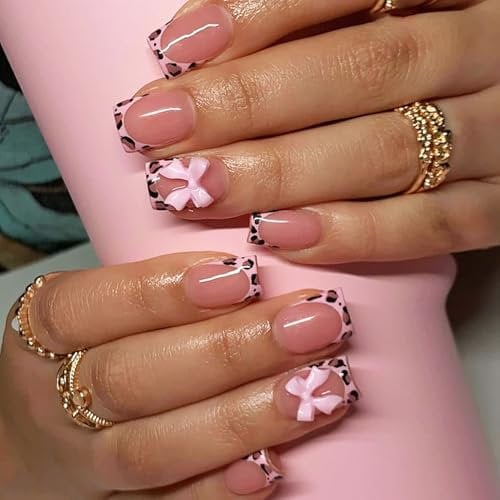 Leopard French Tip Press on Nails - Short Square Pink Acrylic Fake Nails with Jelly Tool, Full Cover, 24 Pcs, Cute Bow Design, Durable & Easy to Apply for Women