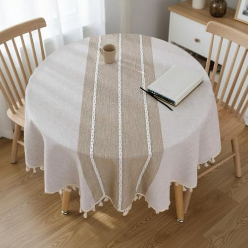 Nesrefyn Round Tablecloth 55 Inch (140cm) - Coffee Linen-Look Polyester Table Cover with Tassel Trim, Wrinkle Free & Wipeable for Dining, Kitchen, Parties