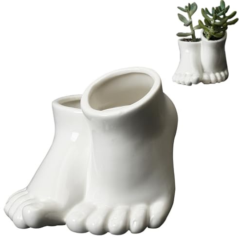 Novelty Human Feet Succulent Planter Pot, White Ceramic Air Plant Holders, Foot Statue Sculpture Porcelain Bonsai Container for Home Office Garden Decor, No Plants