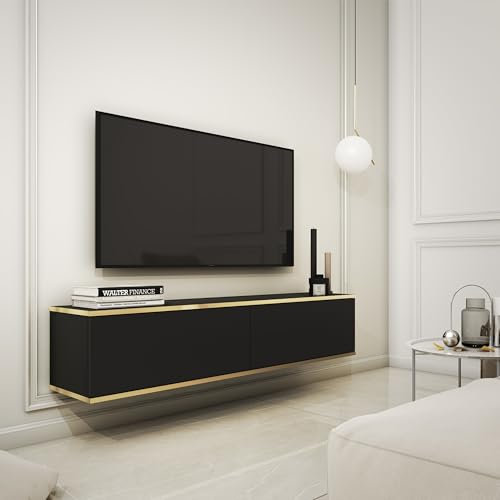 Komodee Banff TV135 - TV Schrank, Schwarze Glatte Front, Eiche Artisan, Breite 135 cm, Höhe 30 cm, Tiefe 32 cm