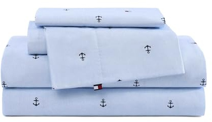 Tommy Hilfiger Queen-Bettlaken, knackige und kühle Baumwoll-Perkal-Bettwäsche mit passenden Kissenbezügen, leichtes Bettwäsche-Set, Öko-Tex Zertifiziert (Anker und Flagge, Hellblau)