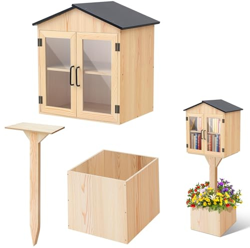 Wonderjune Little Library Box Outdoor, Wood Book Exchange Kit | Weatherproof Solid Wood Sharing Box with Ground Stakes and Flower Fence for Community, Neighborhood and School Book Exchange