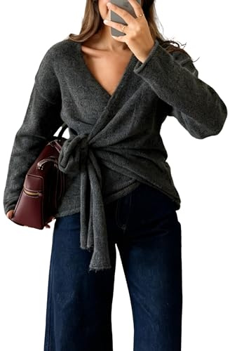 Watashi Women's Wrap Sweater with Tie Waist V Neck Knit Tops(Darkgrey-S)