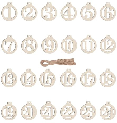 TAKONE Adventskalender Zahlen Holz 1–24 Holzhänger Ø 4 cm | 24 Holzzahlen 1–24, Ø 4 cm, Naturholz, wiederverwendbar, für DIY Adventskalender
